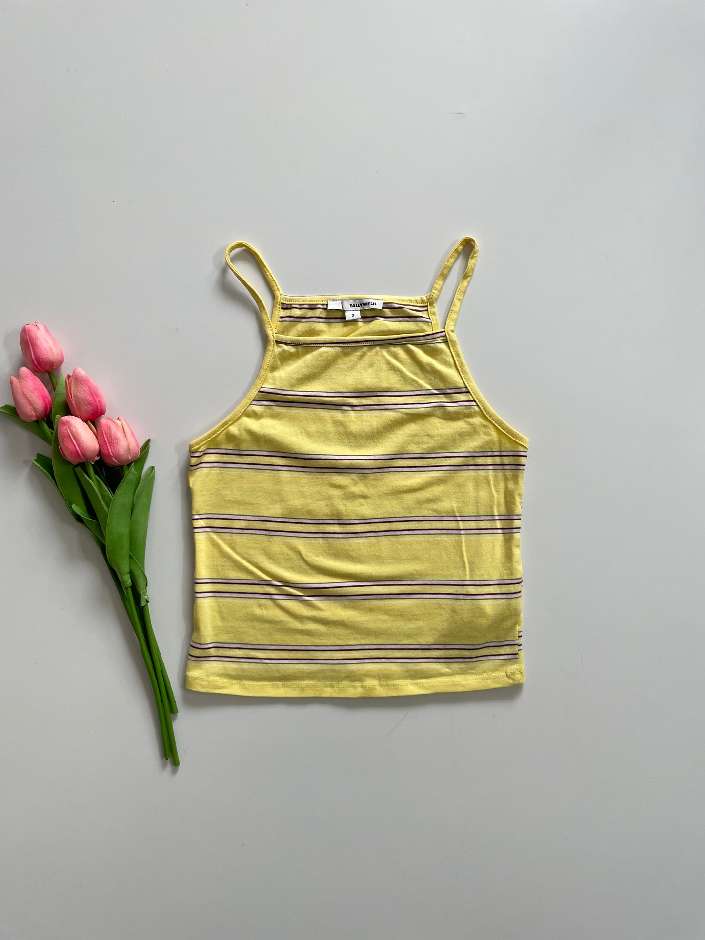 TALLY WEiJL BABY YELLOW STRIPED TOP - BUST 30 TO 32