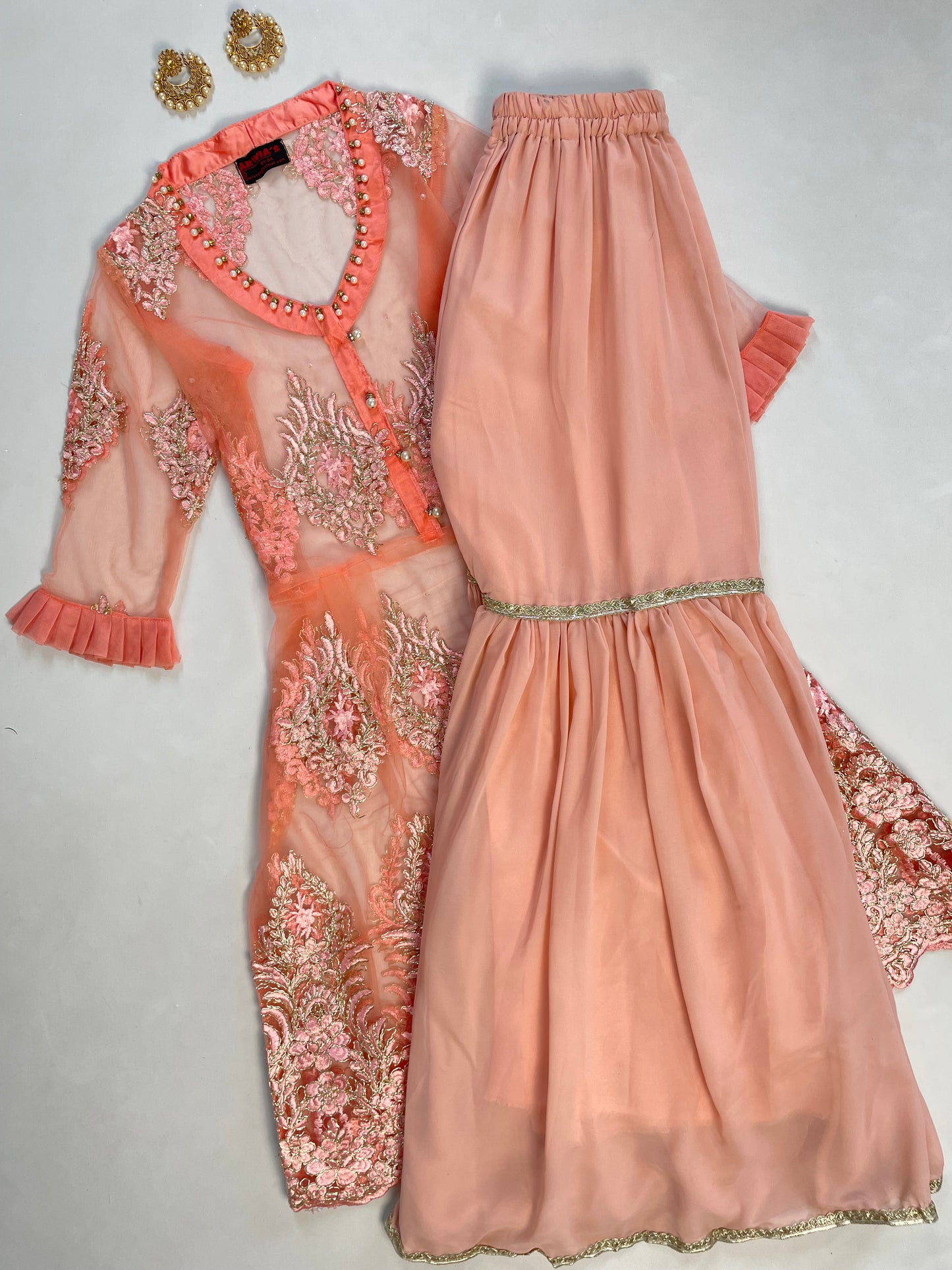 Sheer Embroidered Kurta Set-Bust 36 Waist 28 to 36
