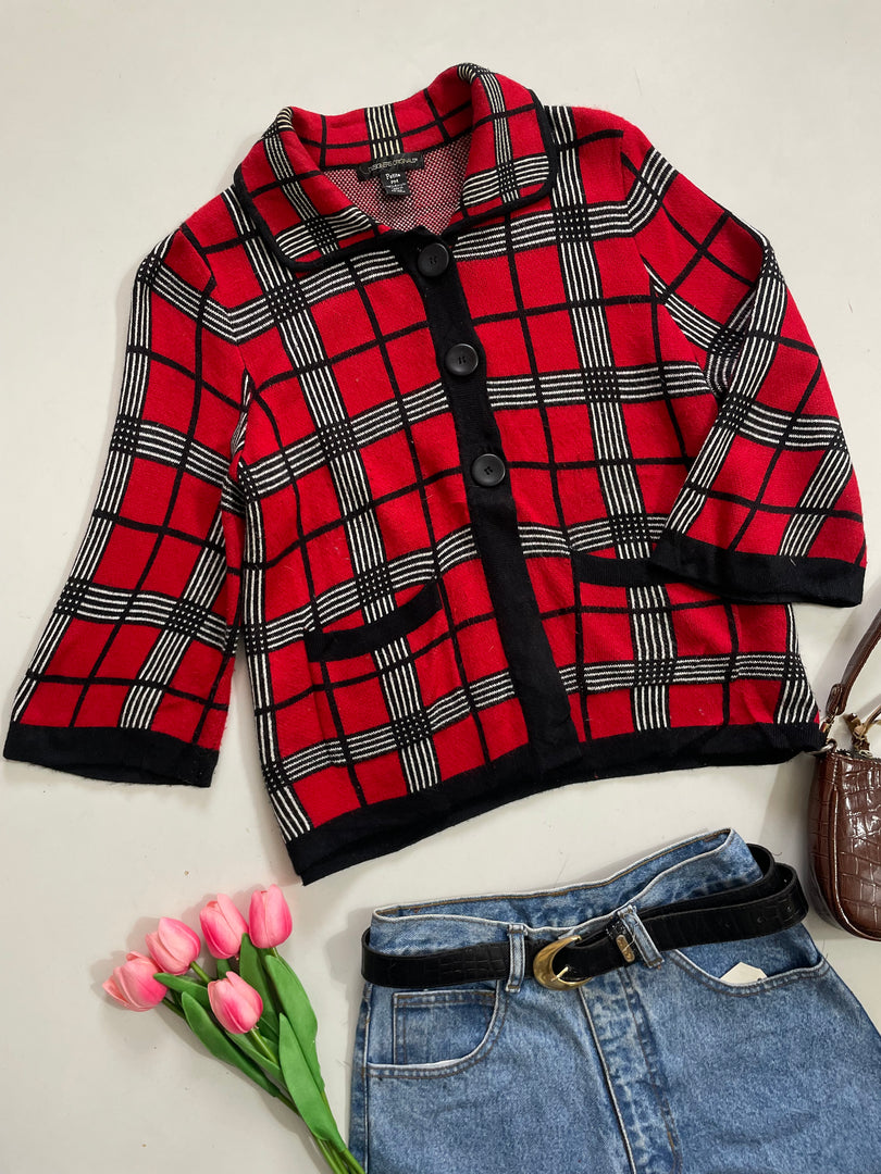 Cherry Red Plaid Soft Cardigan -Bust 34 to 36