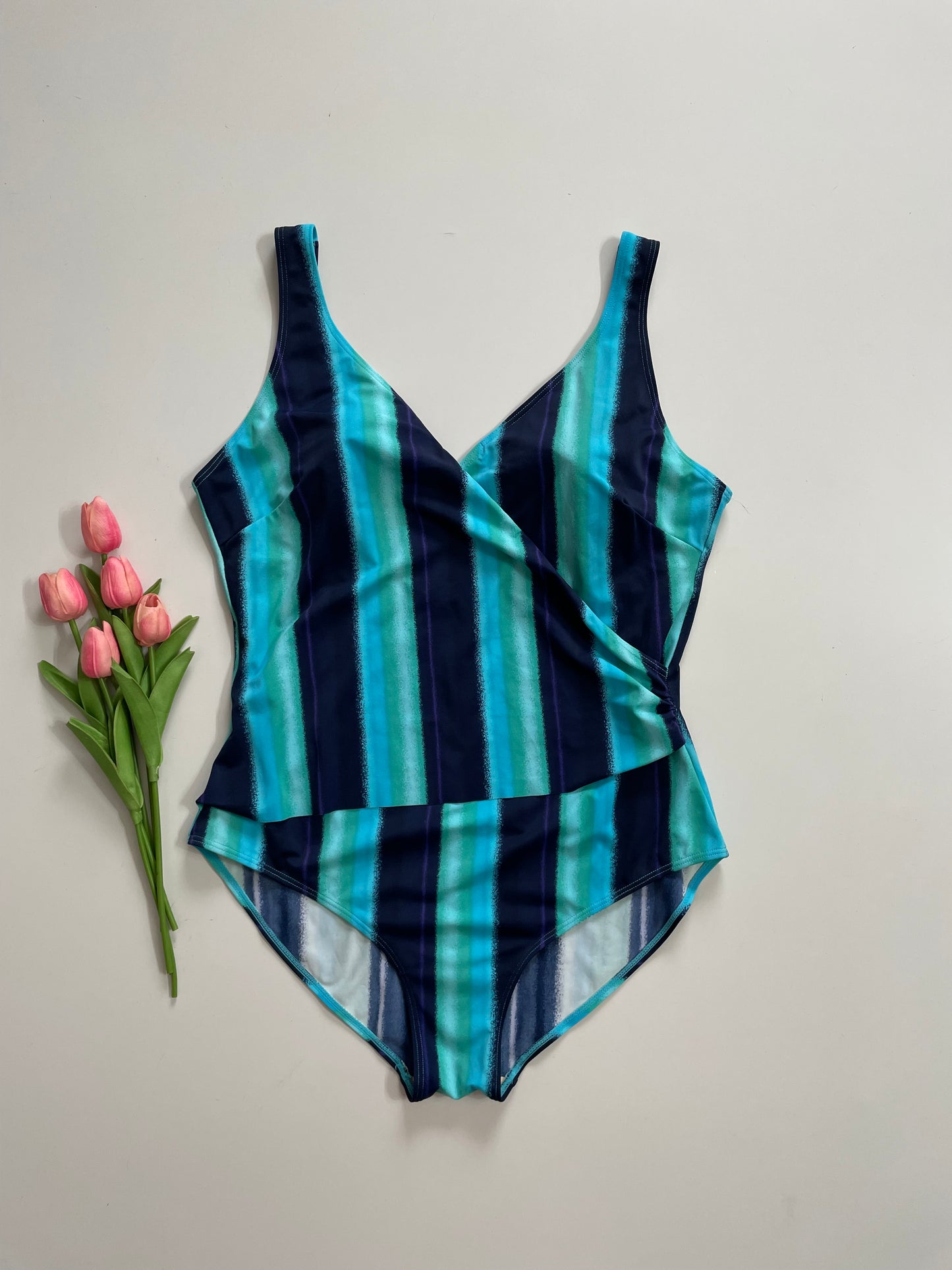 STRIPED V-NECK SWIMSUIT BUST - 44 to 46