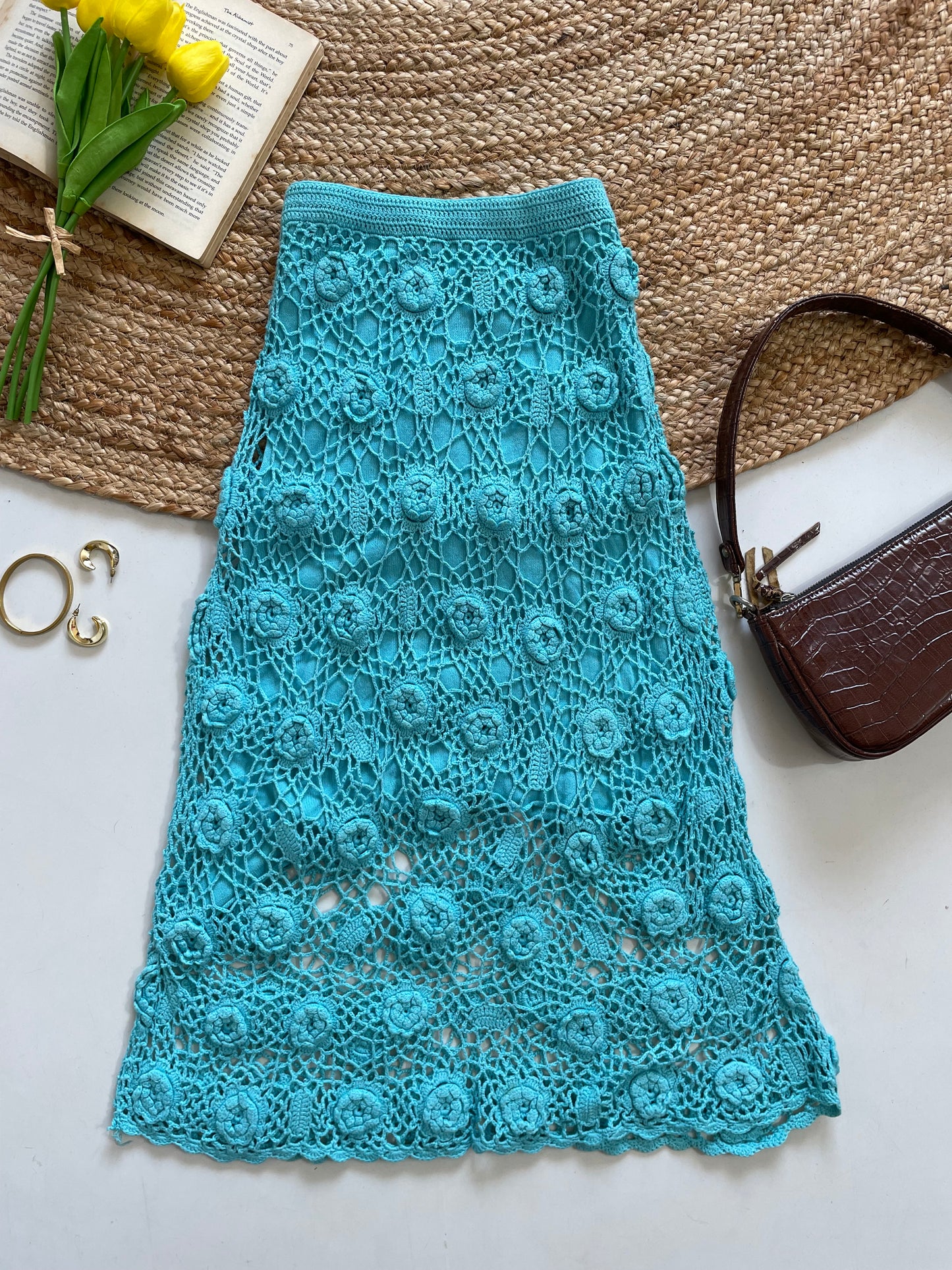 Blue Crochet Knit Long Skirt - Waist 28 to 30