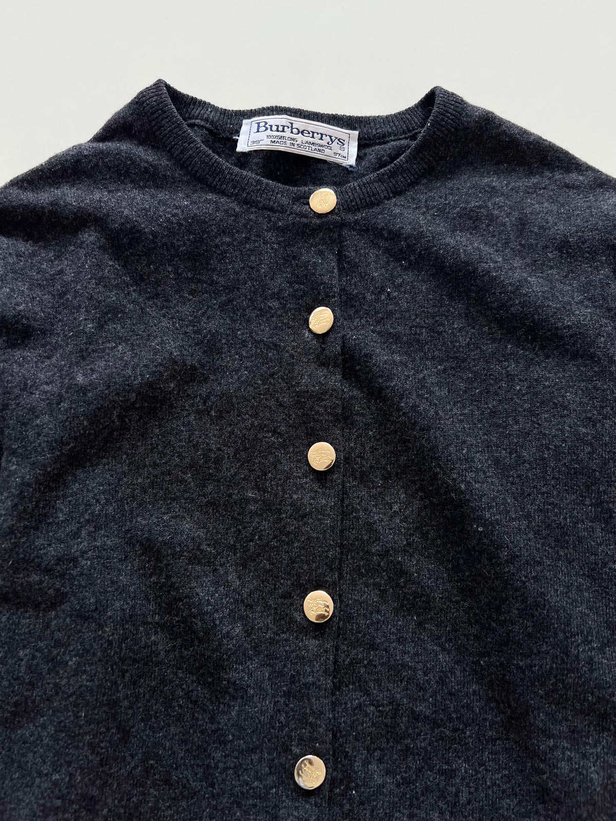 Burberry’s 100%Geelong Lambs Wool Vintage Cardigan With Engraved Buttons-Bust 36