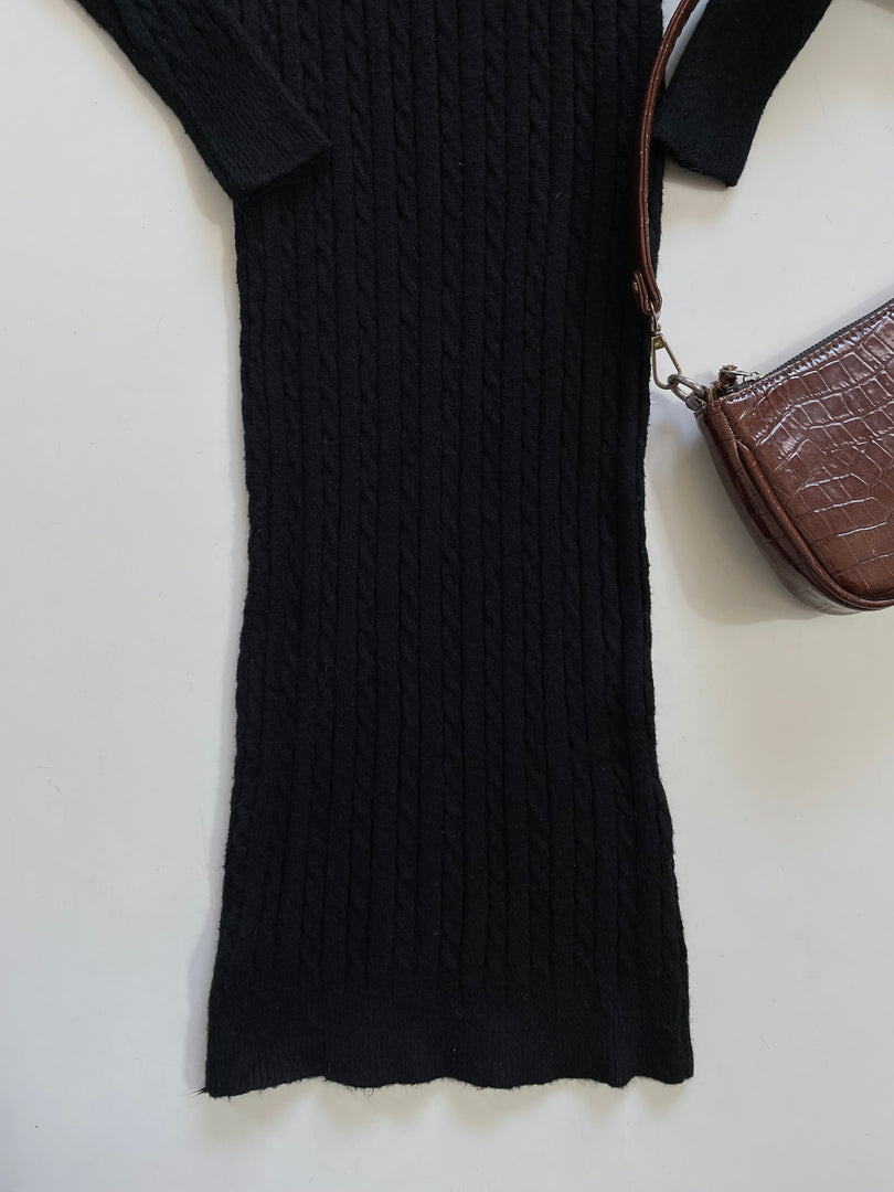 Black Cable Knit High Neck Warm Winter Dress - Bust 30 to 34