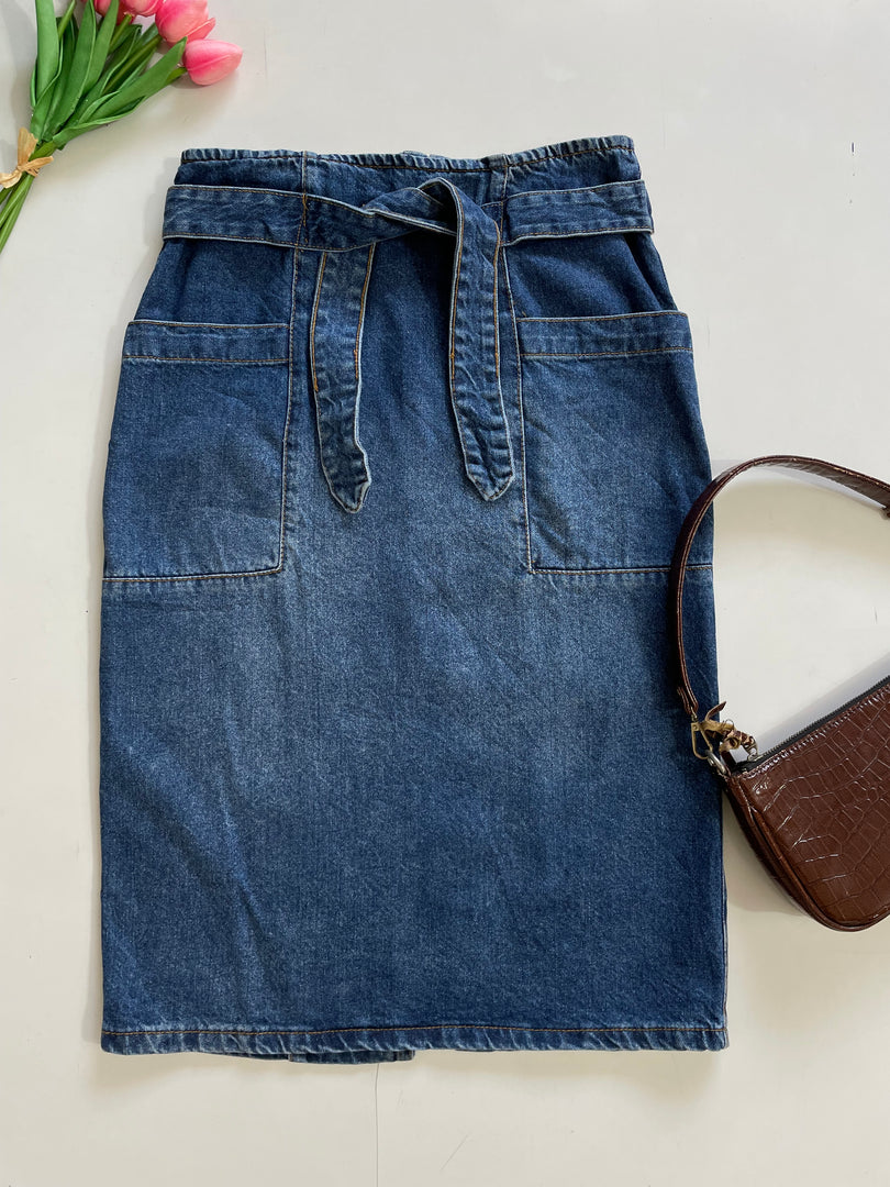 Belted Long Denim Skirt-Waist 28