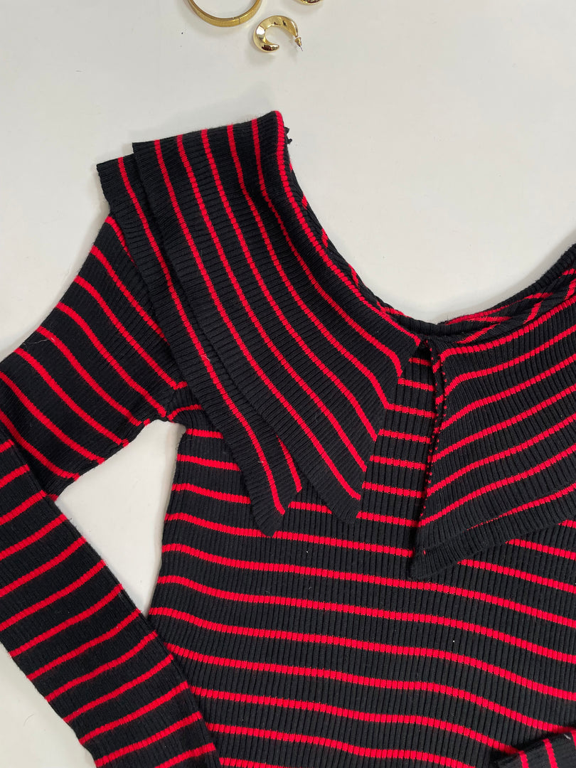 Striped Black and Red Pre Winter Top - Bust 30 to 34