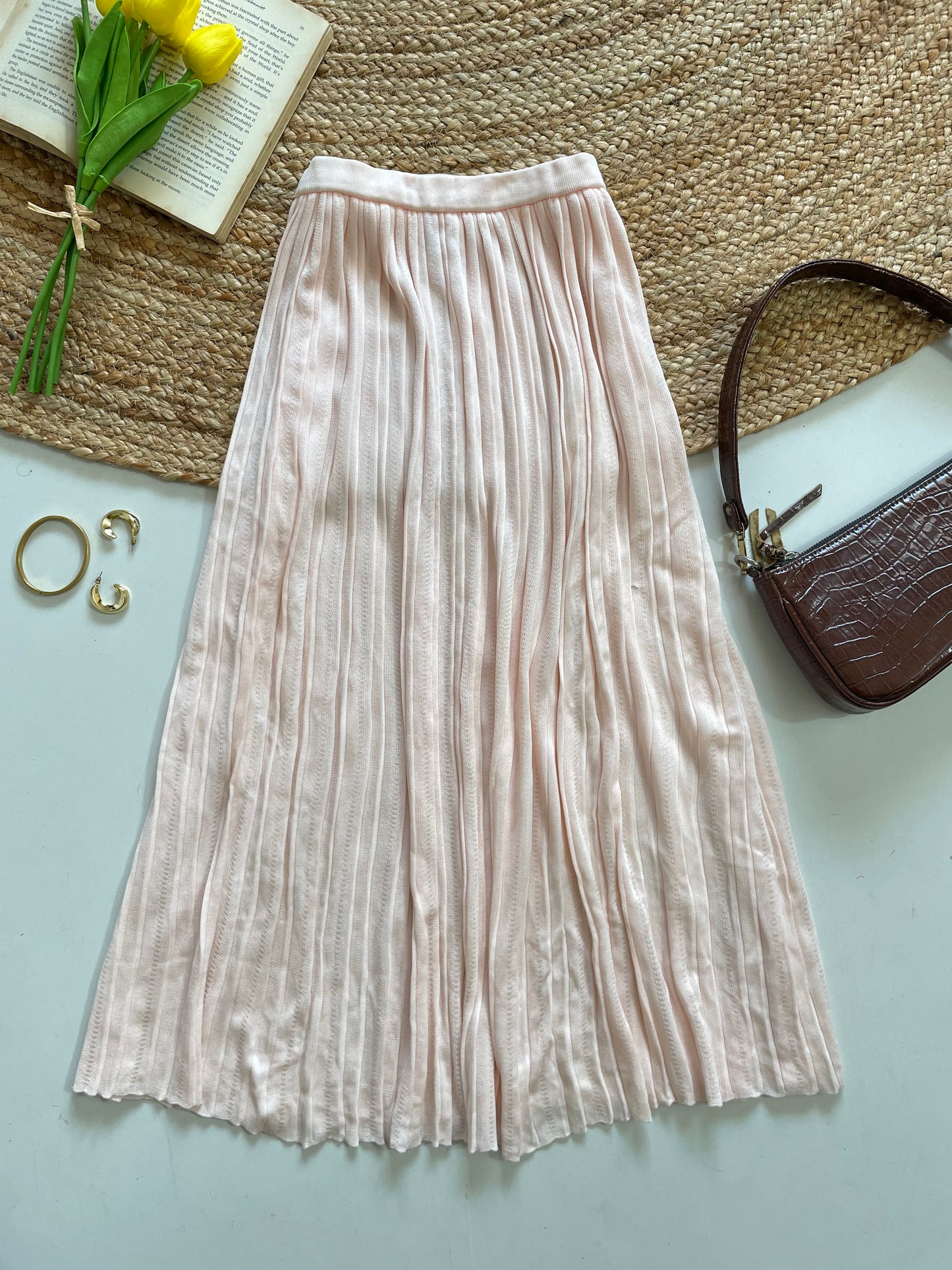 Baby Pink Pleated Knit Long Skirt - Waist 26 to 30