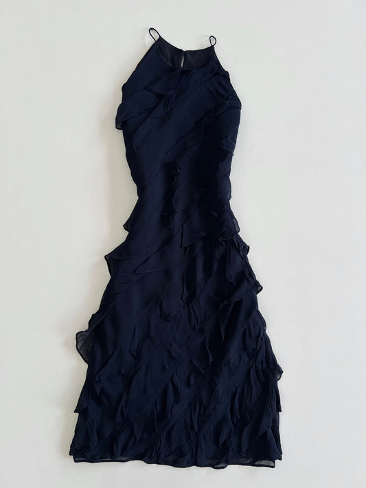 Vintage Ruffle Halter Black Dress-Bust 36 to 38