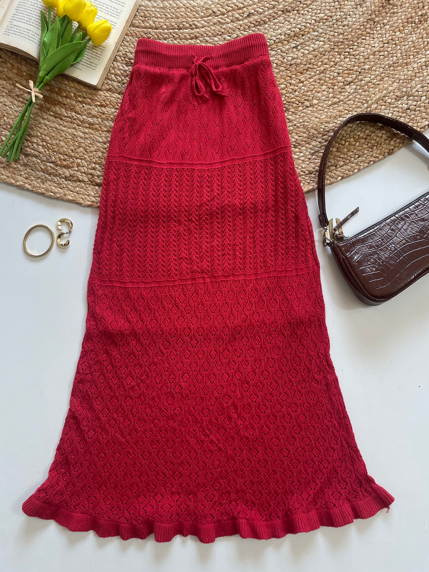 Uniqlo Cherry Red Crochet Knit Long Skirt - Waist 24 to 30