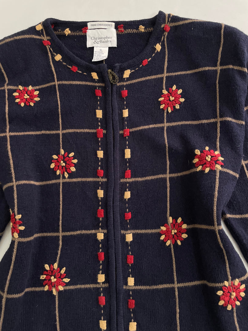 Christopher & Banks Hand Embroidered Zipper Sweater-Bust 44