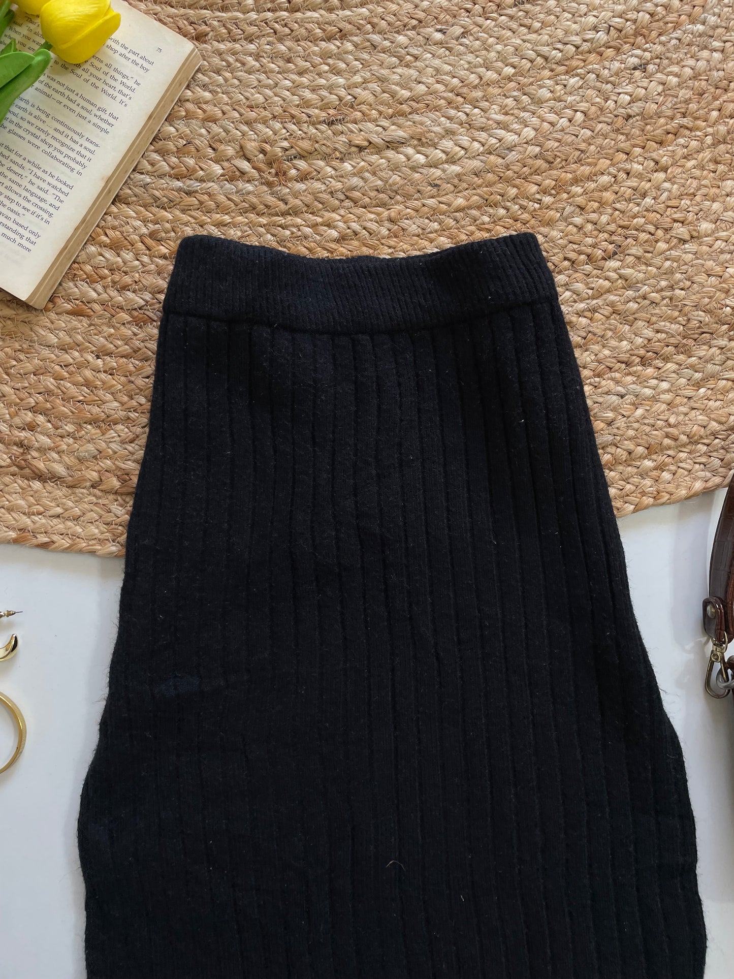 Black Rib Knit Long Skirt - Waist 26 to 30