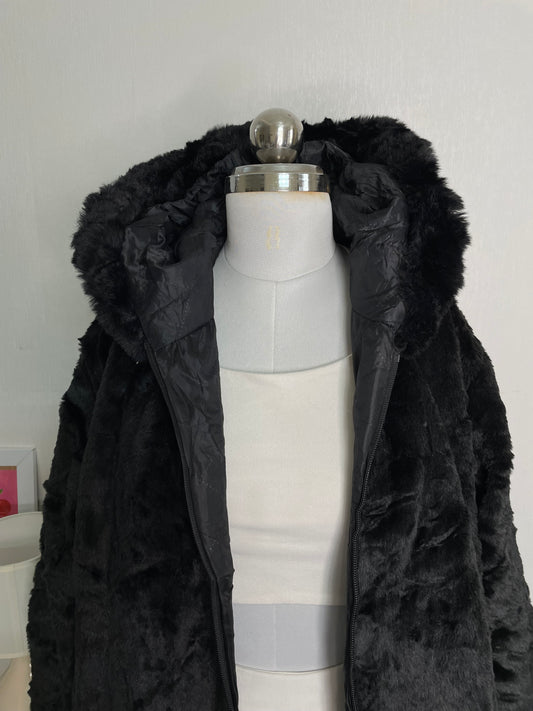 FASHION HOODED BLACK FUR COAT - BUST 44