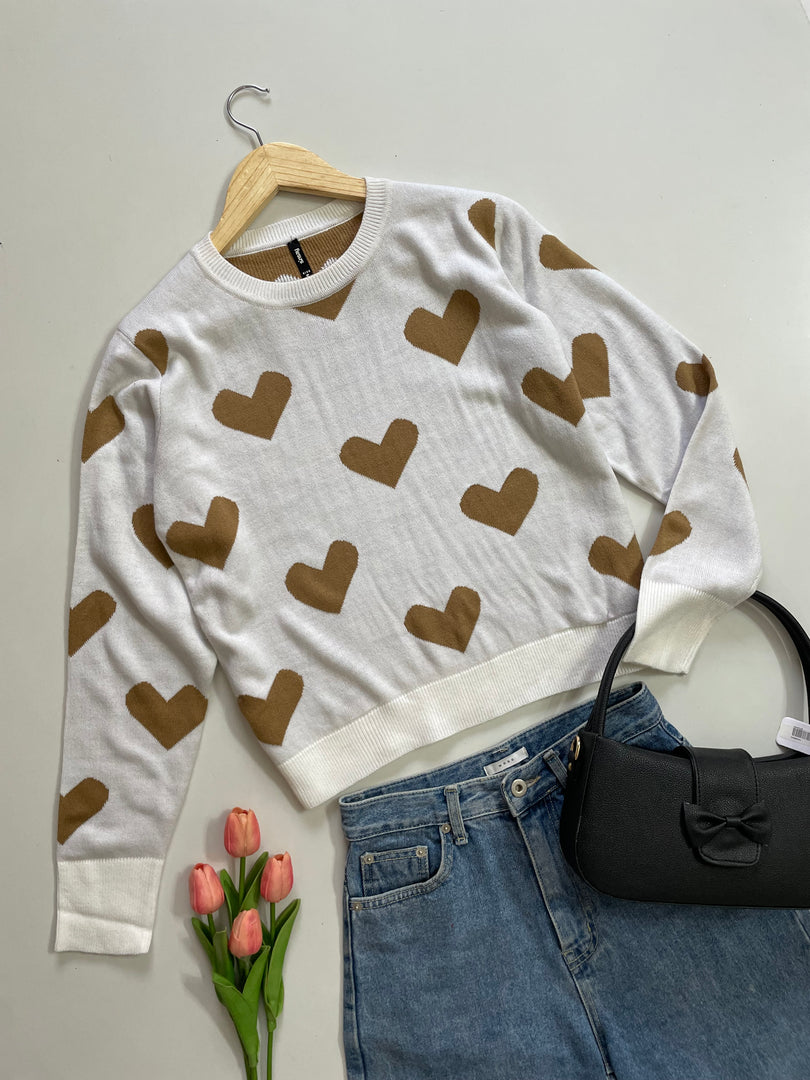 SINSAY KOREAN BROWN HEARTS SUPER SOFT SWEATER