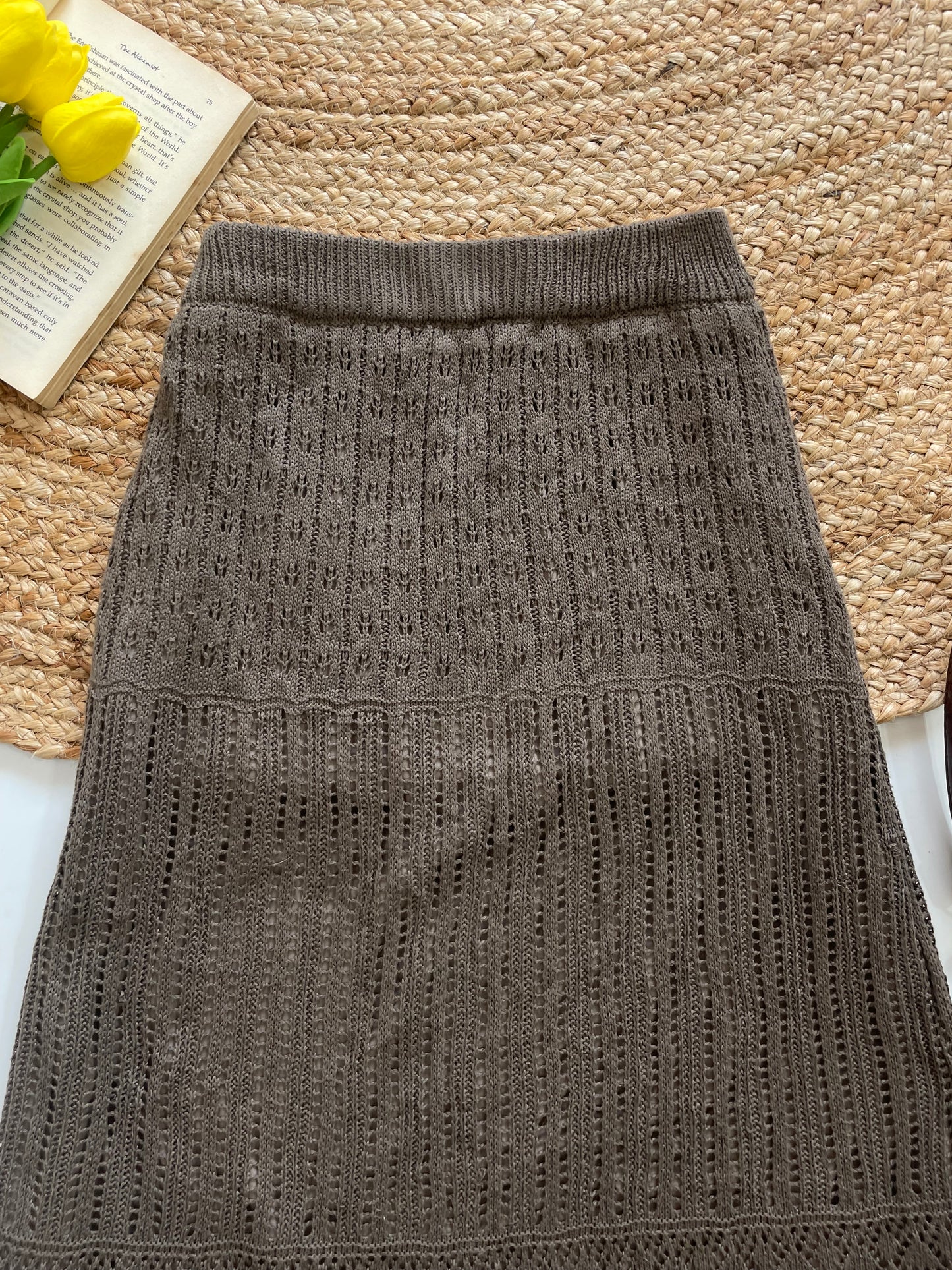 Brown Crochet Knit Long Skirt - Waist 28 to 32