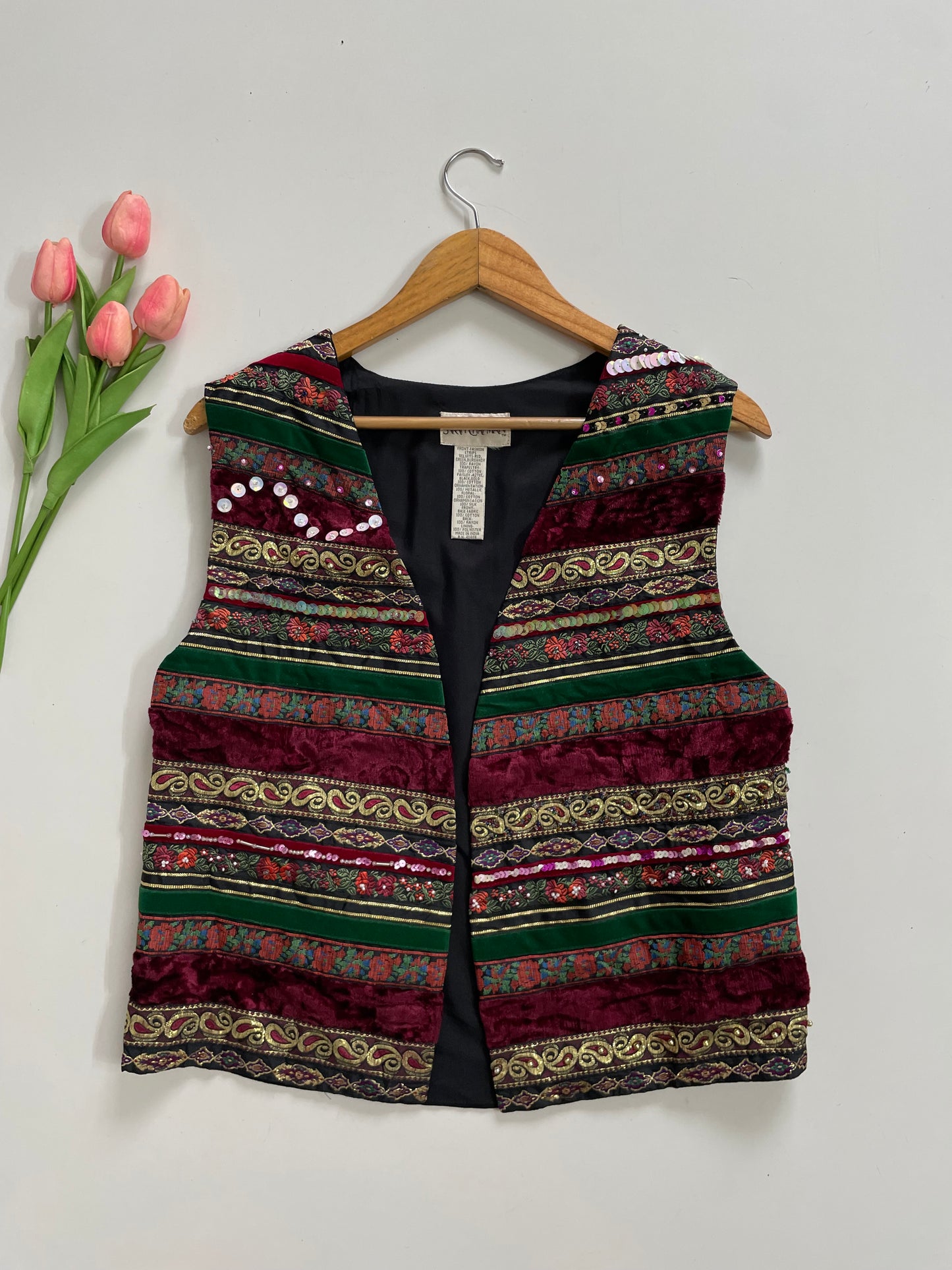 SARAH CHAPMAN EMBROIDERED VELVET & SEQUINS WAISTCOAT - BUST 38