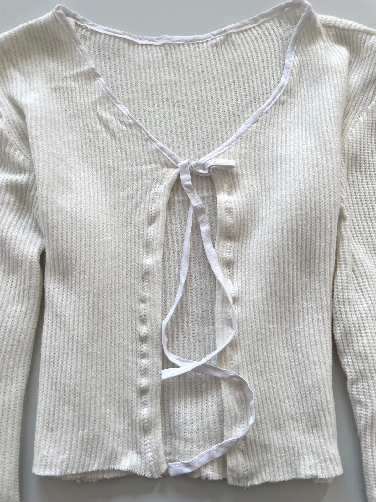 White Ribbed Knit Tie Front Soft Solid Sweater-Bust 40
