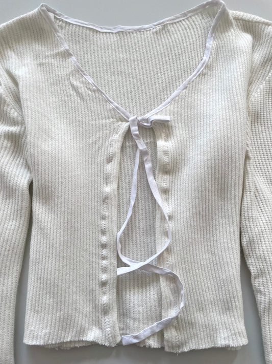 White Ribbed Knit Tie Front Soft Solid Sweater-Bust 40