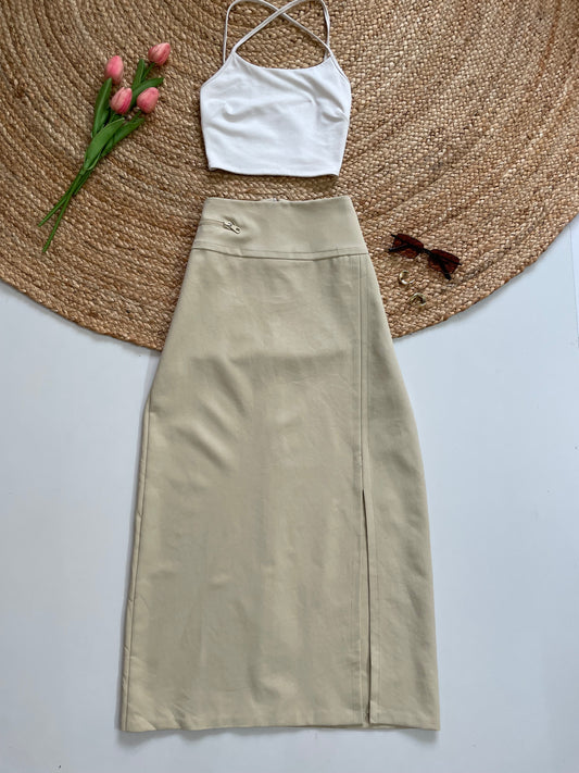 LONG BEIGE SLIT SKIRT - WAIST 30