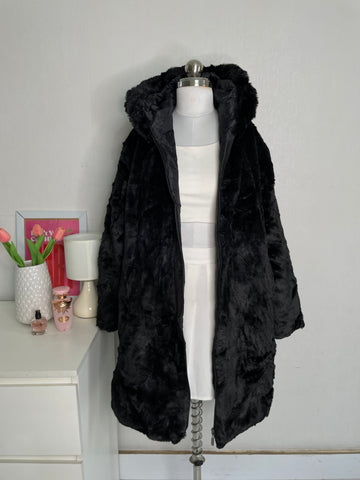 FASHION HOODED BLACK FUR COAT - BUST 44