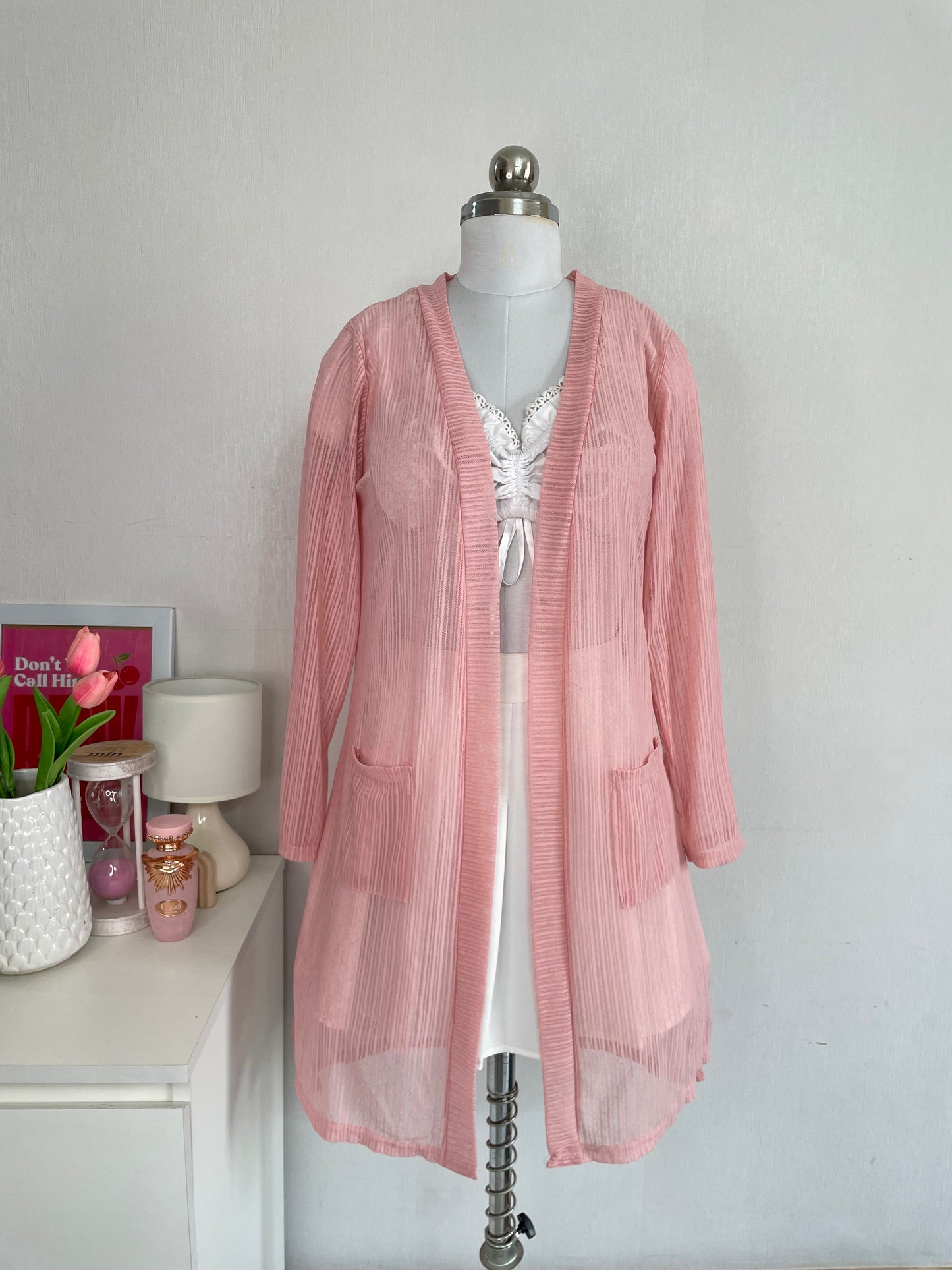 XIAO YING JIA FLAMINGO PINK SEMI SHEER SHRUG WITH POCKETS - BUST 36 TO 40