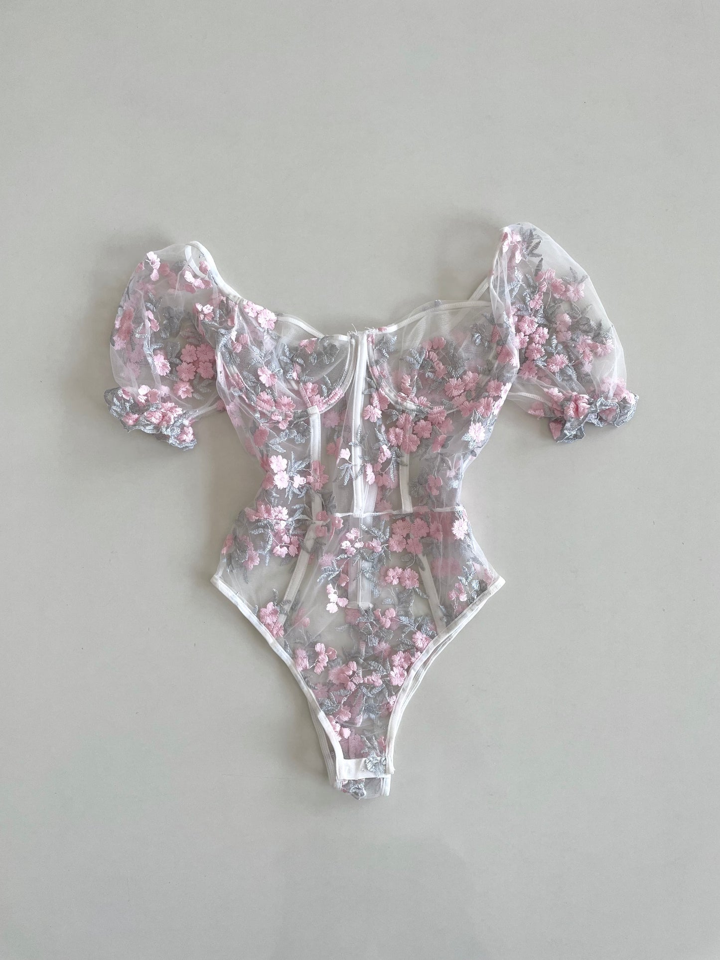 Lacy Embroidered Sheer Bodysuit-Bust 28 to 30