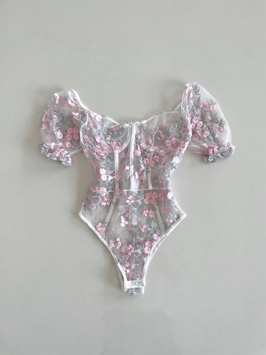 Lacy Embroidered Sheer Bodysuit-Bust 28 to 30