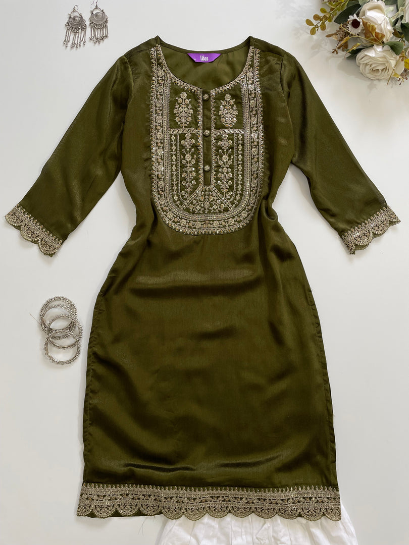 Libas Olive Embroidered Kurti-Bust 36