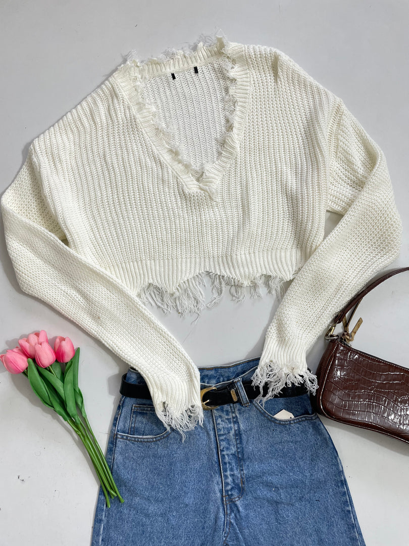 White Fringe Soft Baggy Sweater-Bust 46