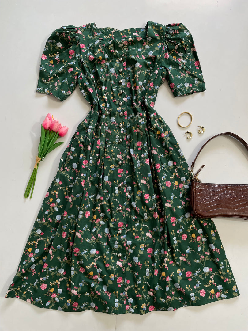 Cottagecore Green Cotton Dress-Bust 38