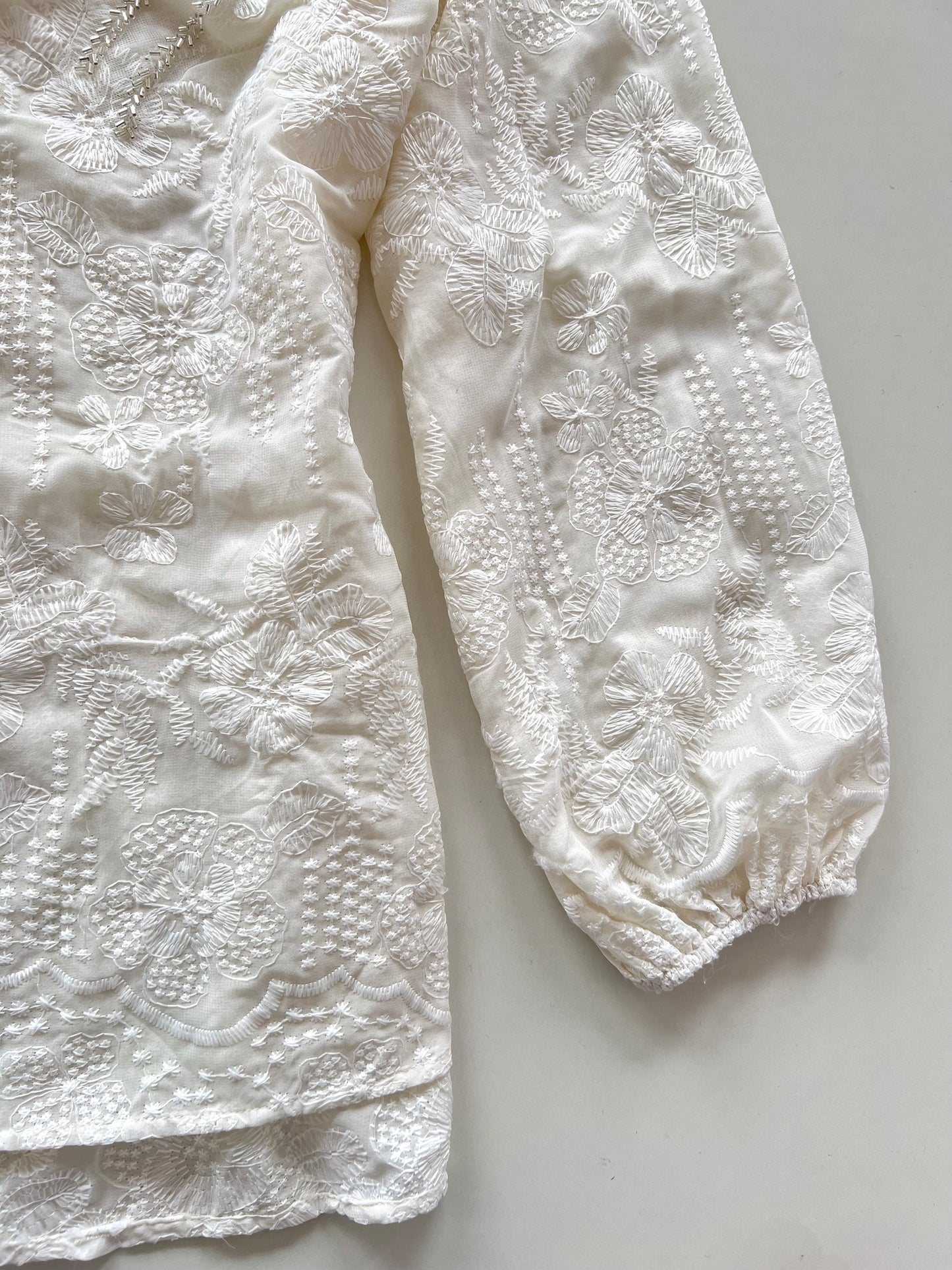 White Icy Hand Embroidered Sheer Top-Bust 40