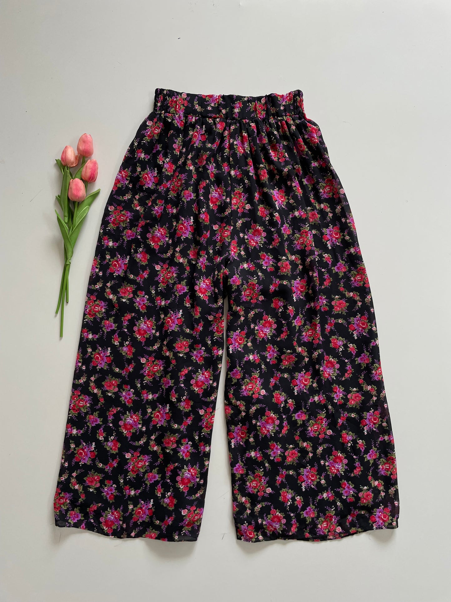 BLACK PINK FLORAL LINED PANTS - WAIST 28 TO 32