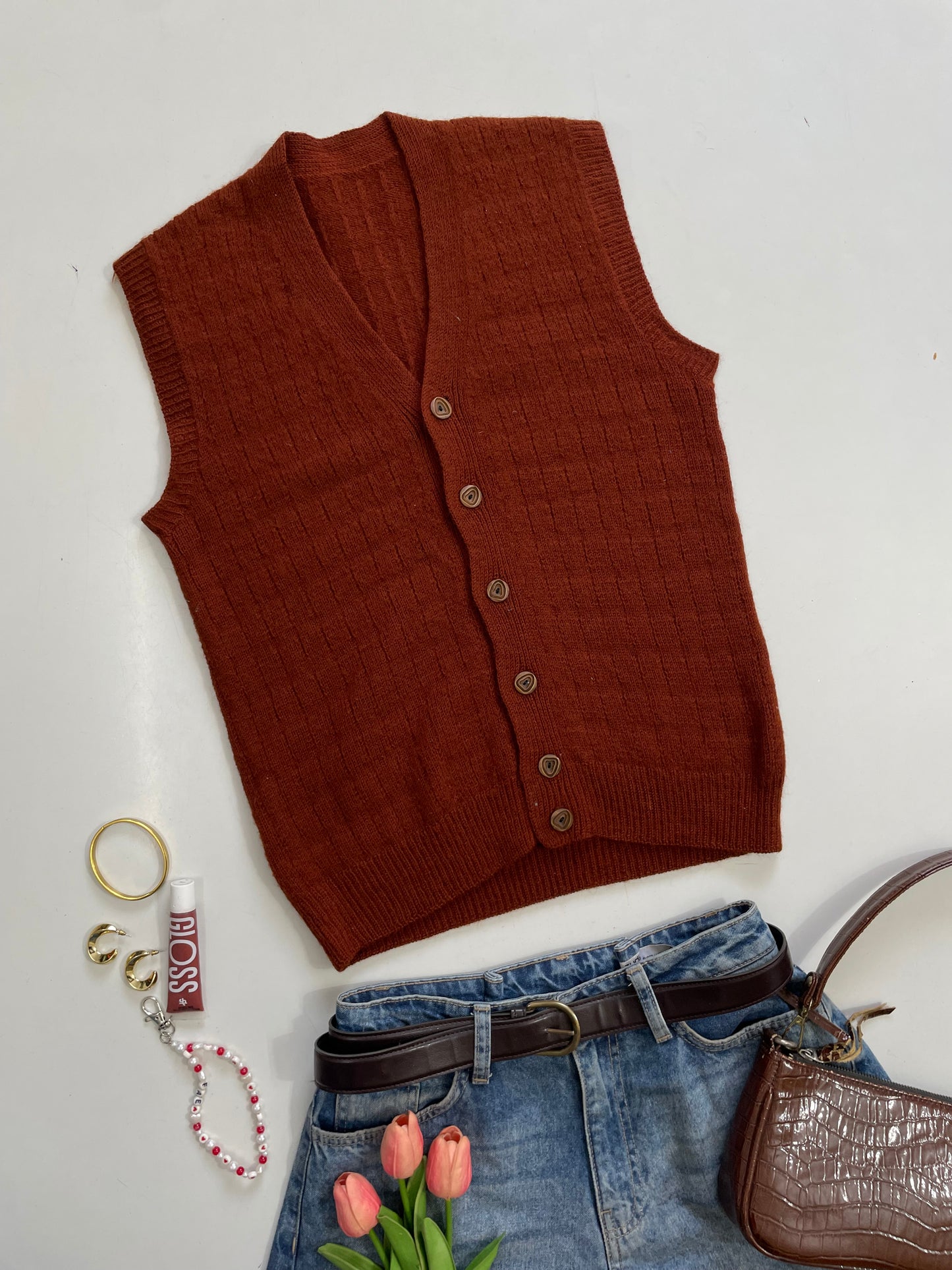 Brown Vintage Soft Sweater Vest - Bust 32 to 34