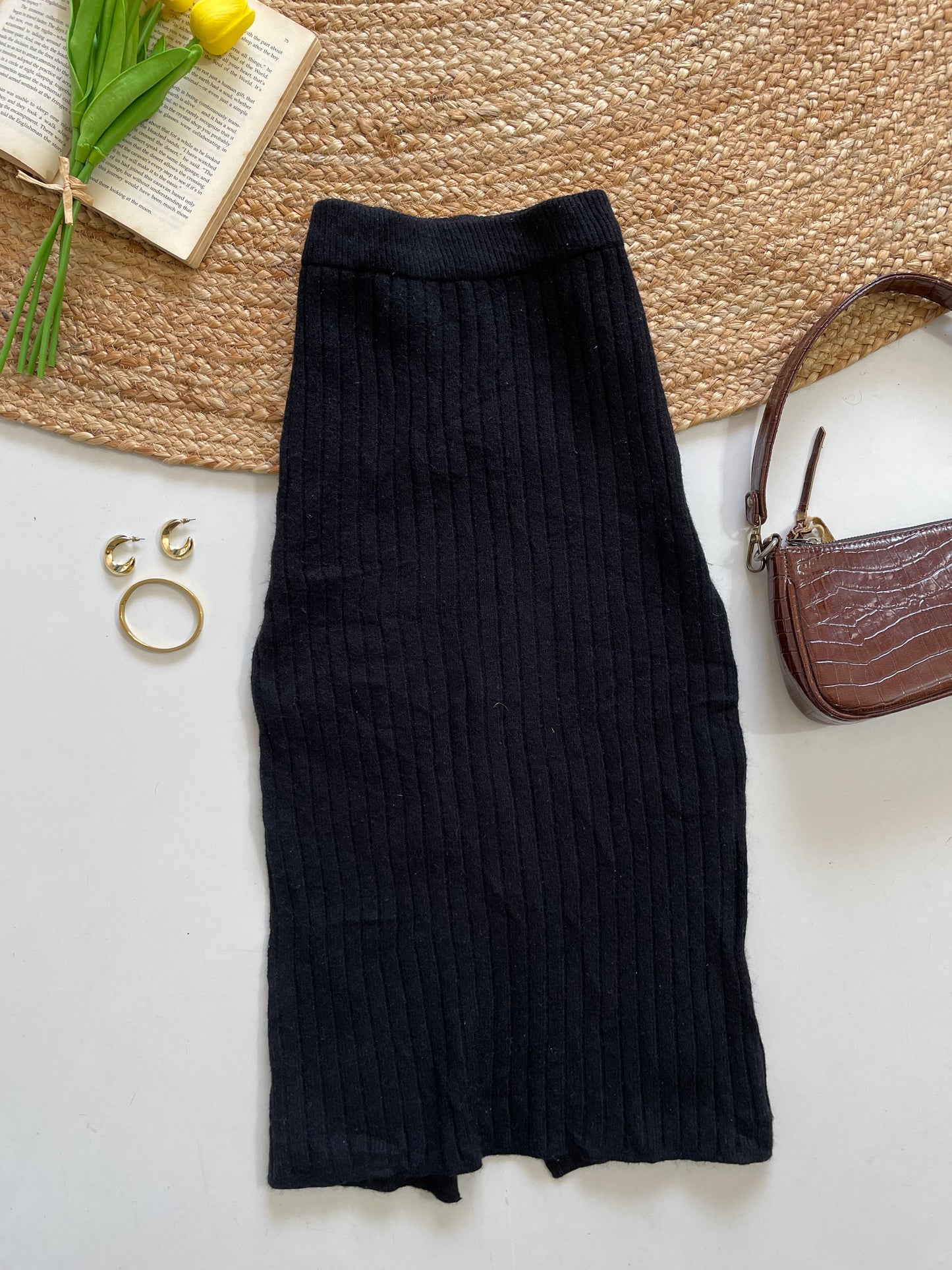 Black Rib Knit Long Skirt - Waist 26 to 30