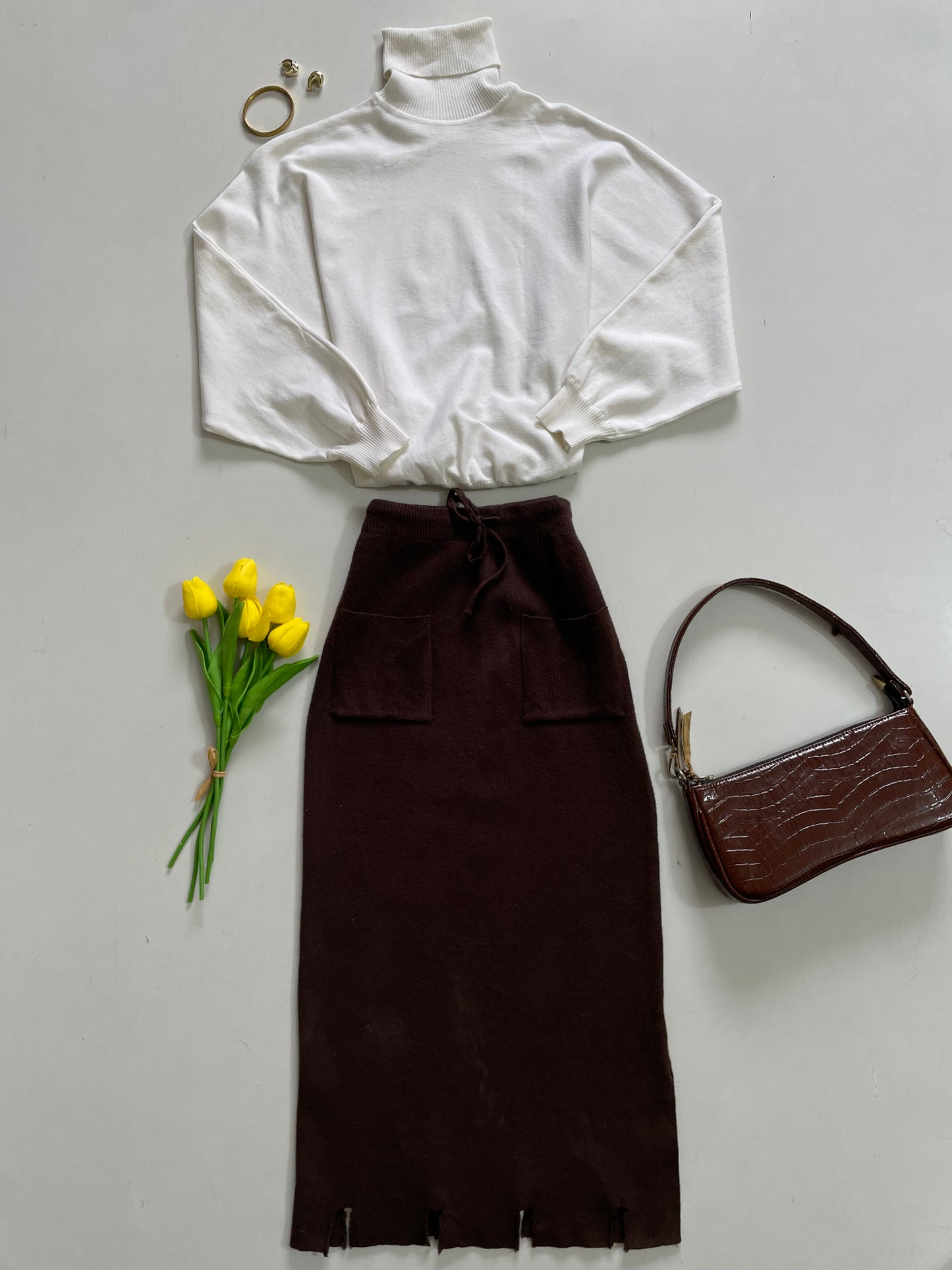 White Highneck - Bust 34 to 36 | Brown Pockets Skirt - Waist 24 to 32