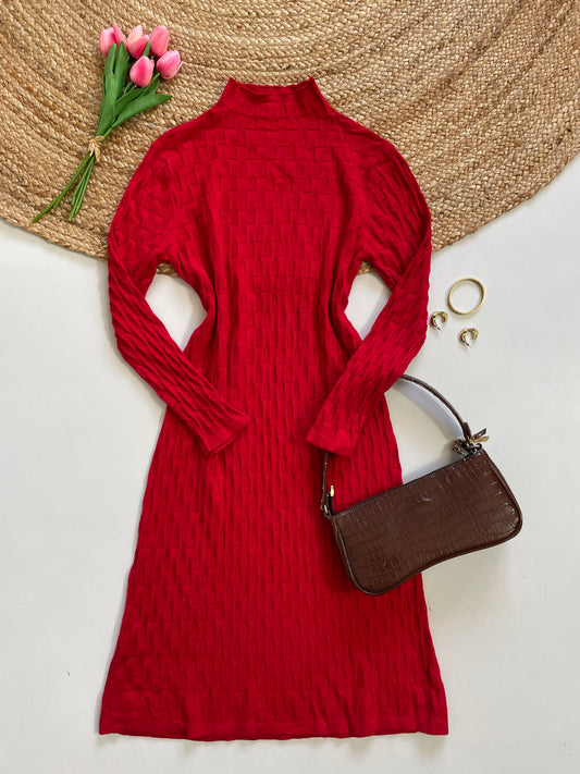 Red Turtle Neck Warm Winter Dress - Bust 34 to 38