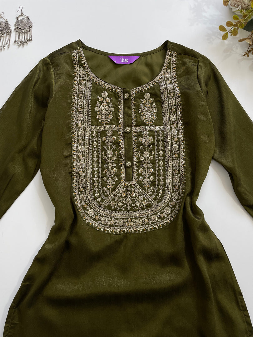 Libas Olive Embroidered Kurti-Bust 36