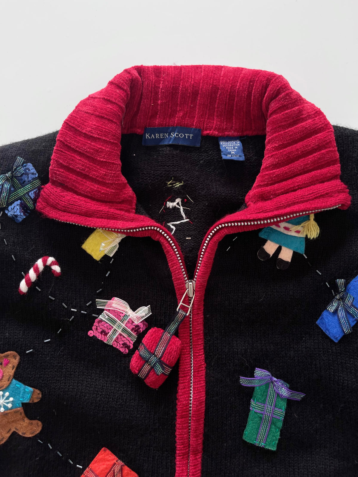 Karen Scott Embroidered Christmas Zipper Sweater-Bust 40