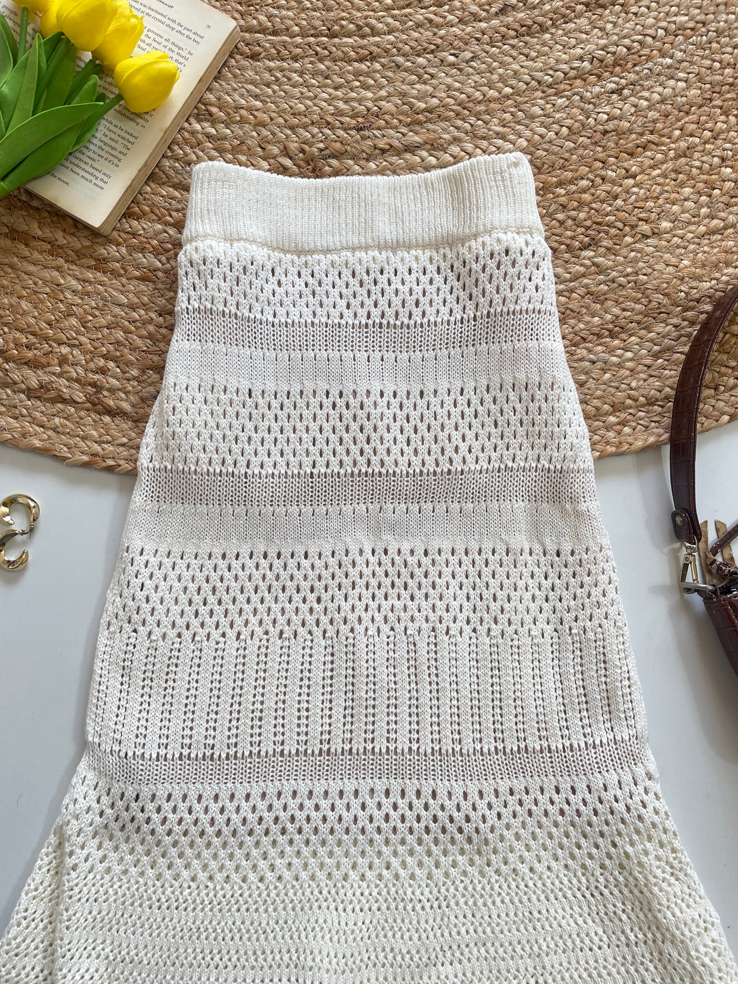 White Mermaid Cut Crochet Knit Long Skirt - Waist 26 to 30