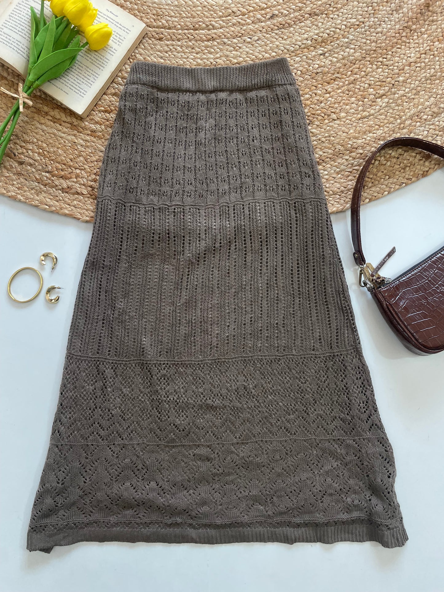 Brown Crochet Knit Long Skirt - Waist 28 to 32