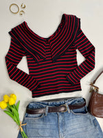 Load image into Gallery viewer, Striped Black and Red Pre Winter Top - Bust 30 to 34
