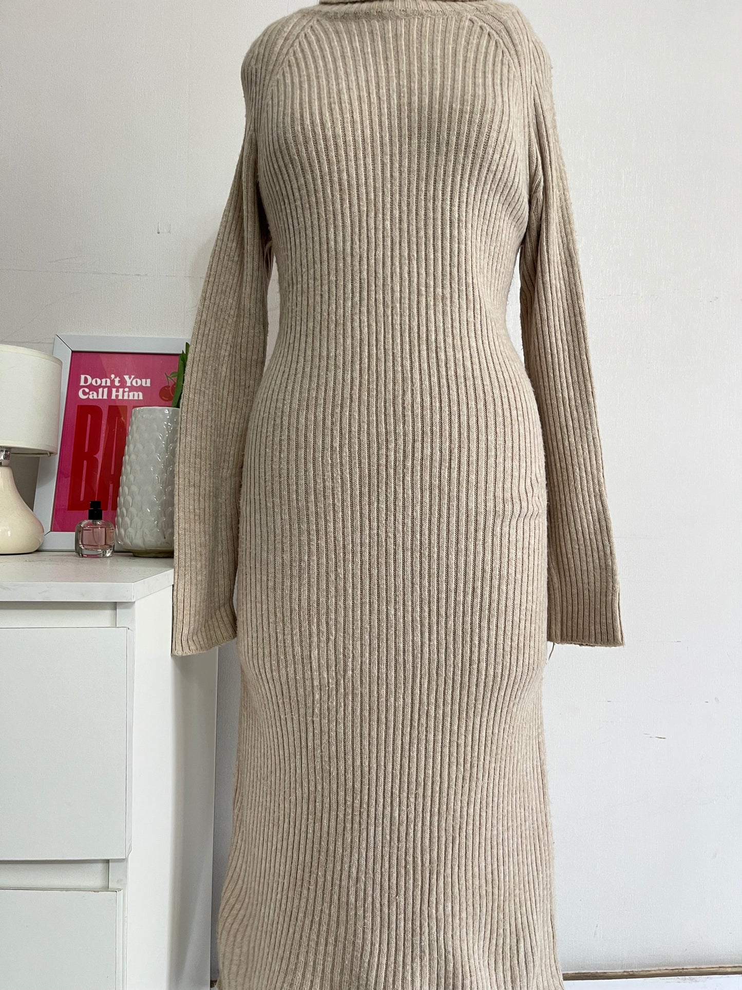 ALMOND CREAM HIGH NECK RIBBED WINTER DRESS - BUST 38 TO 42