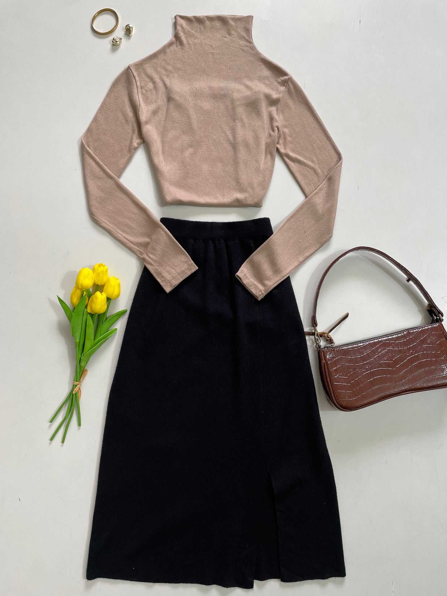 Turtleneck Soft Knit - Bust 32 to 36 | Sanfu Black Skirt - Waist 28 to 32