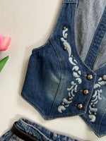 Load image into Gallery viewer, Crossroads Embroidered Denim Waistcoat - Bust 30
