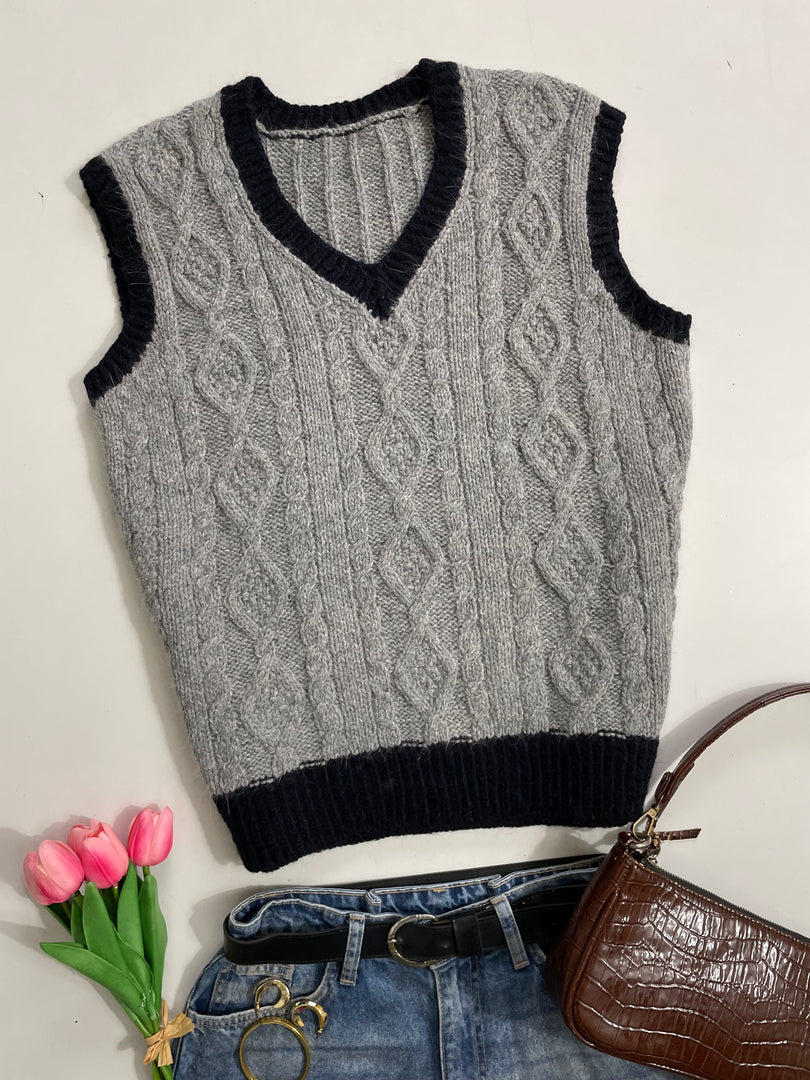 Grey & Black Cable Knit Sweater Vest - Bust 38 to 42