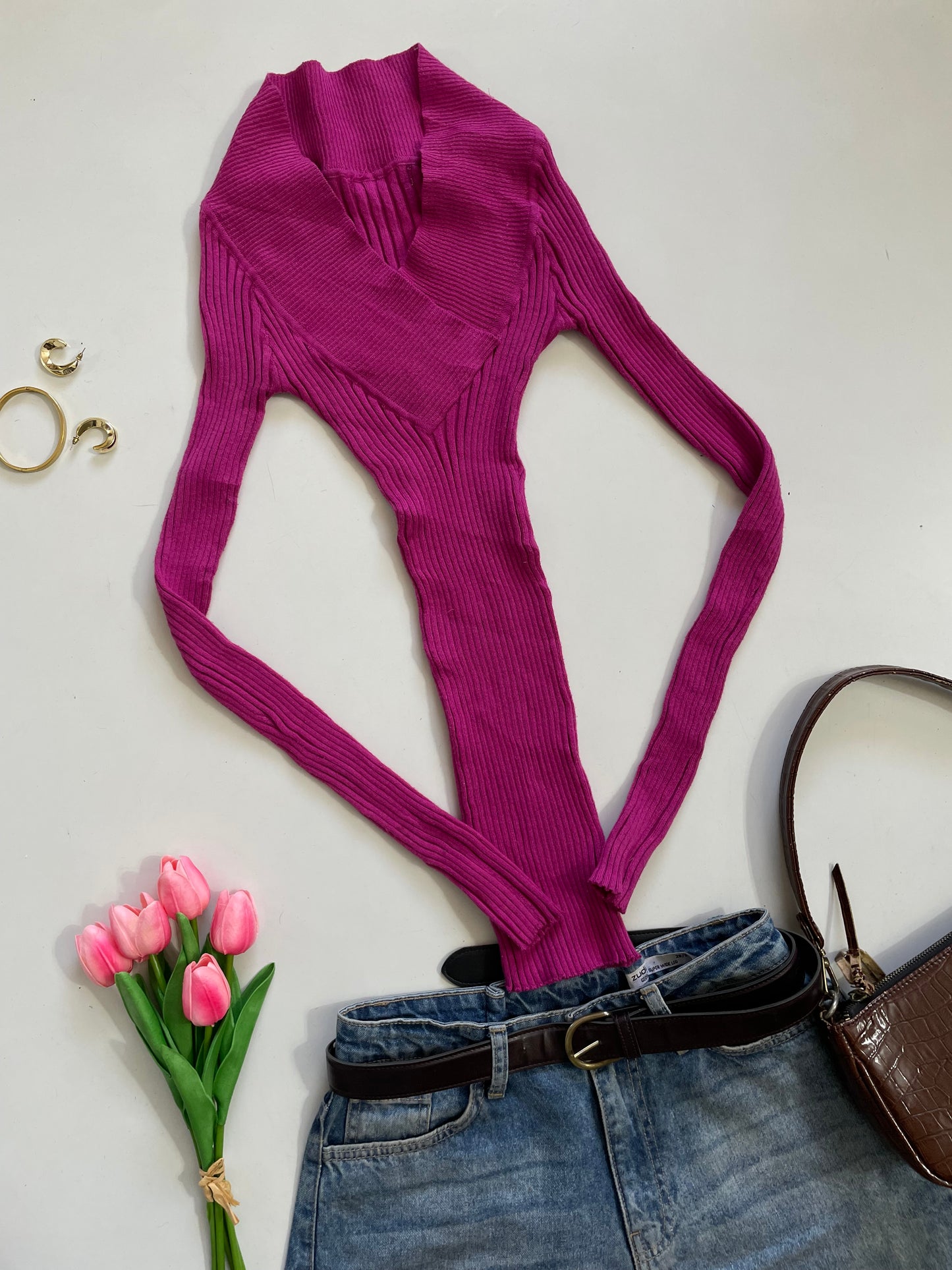 Magenta Ribbed Soft Pre Winter Top - Bust 28 to 32