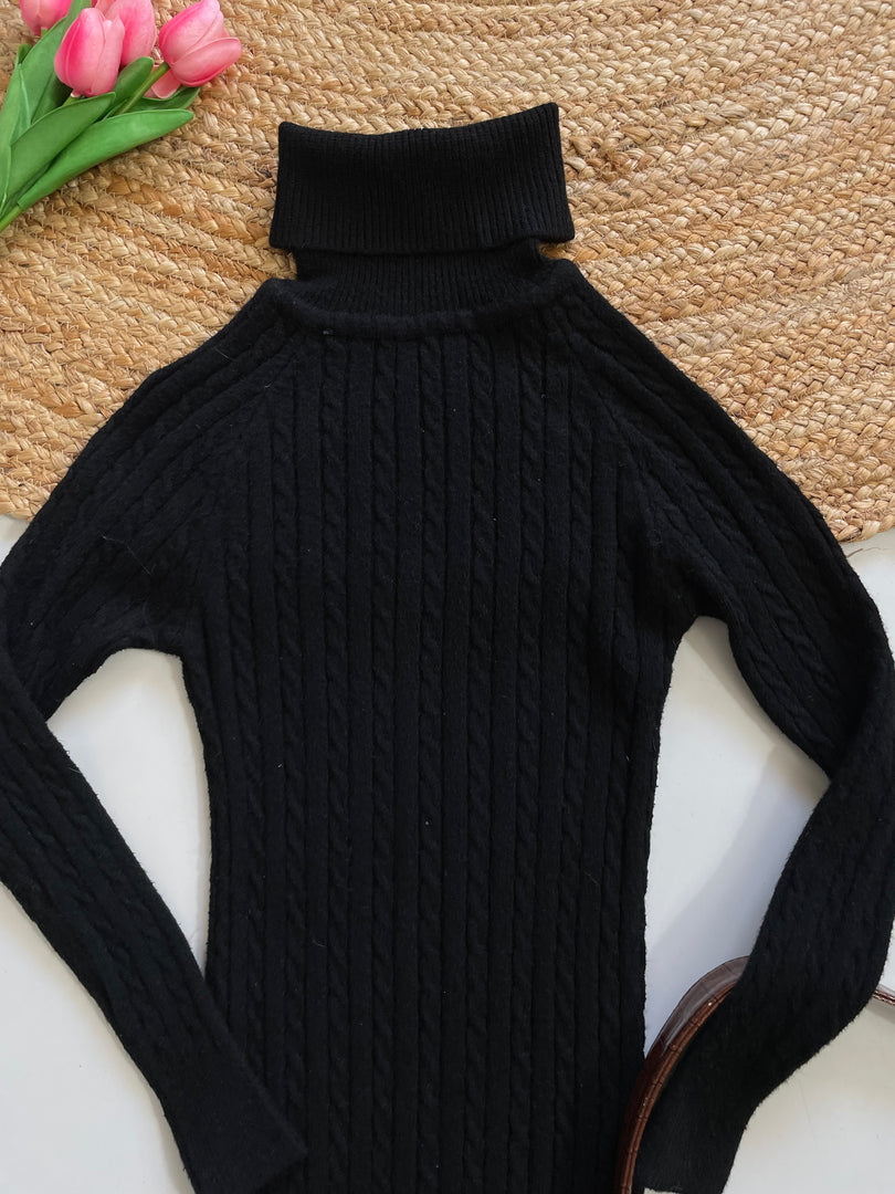 Black Cable Knit High Neck Warm Winter Dress - Bust 30 to 34