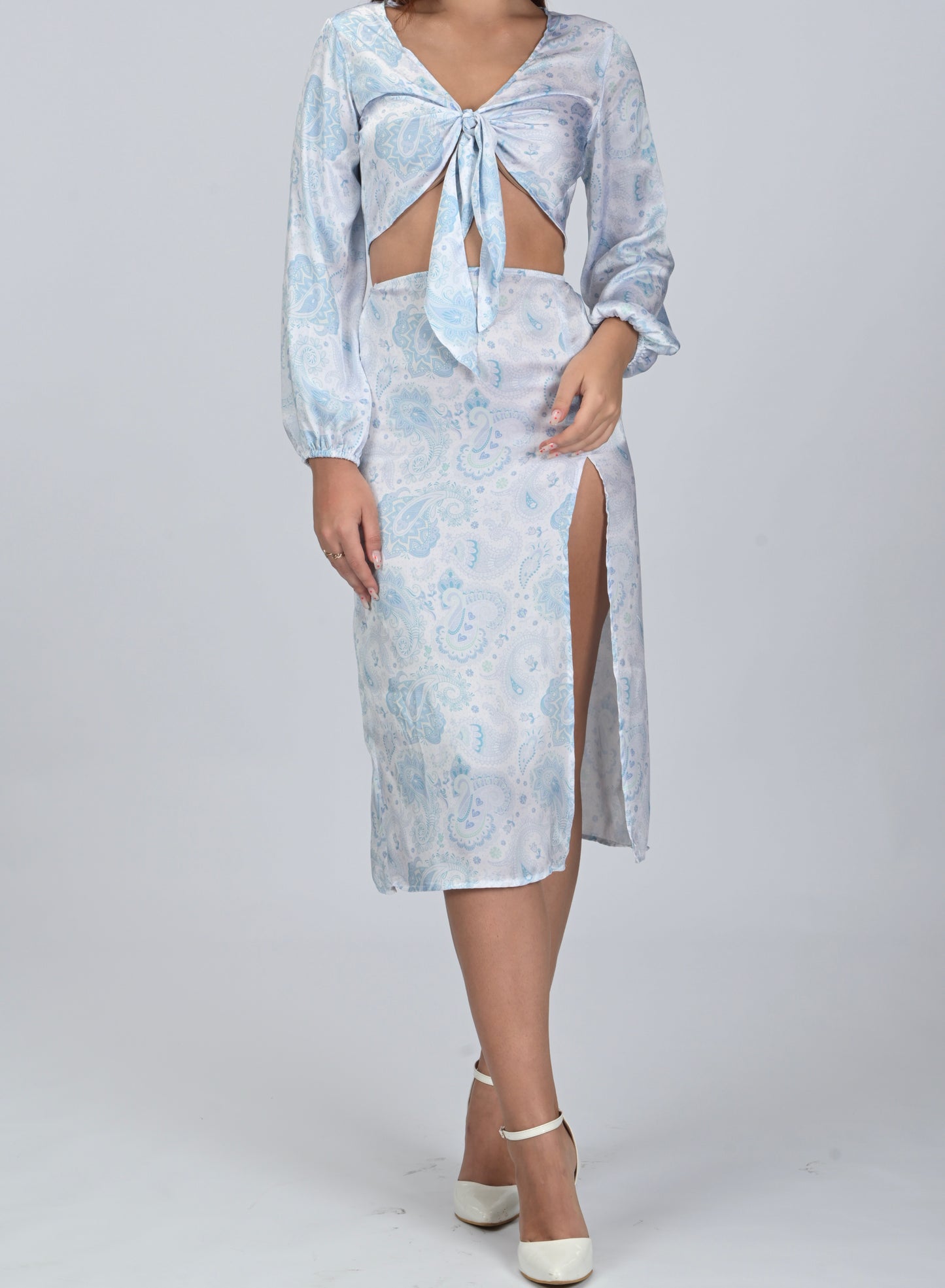 Satin Paisley Slit Skirt