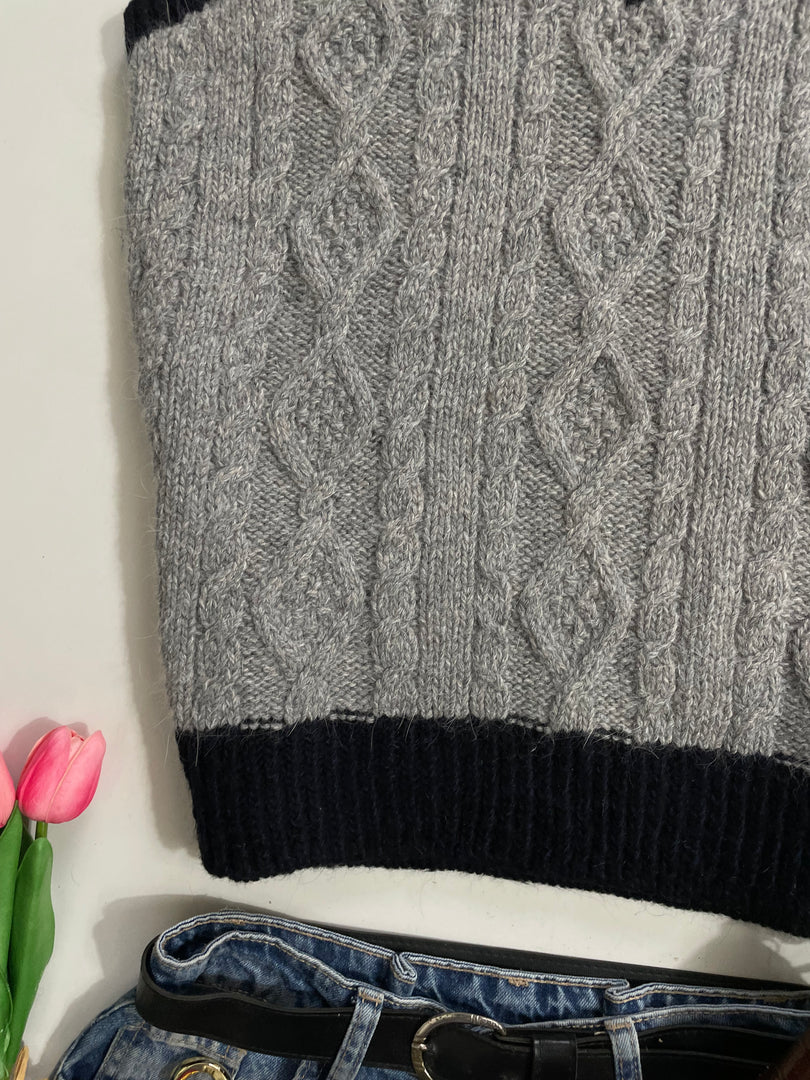 Grey & Black Cable Knit Sweater Vest - Bust 38 to 42