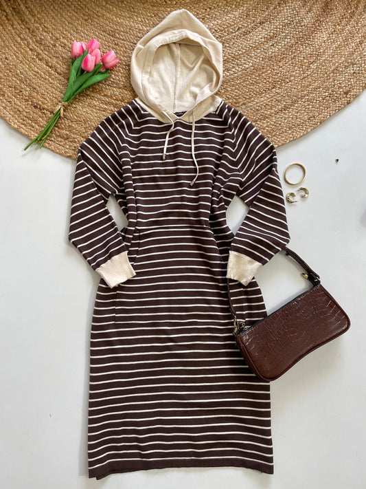 Hooded Striped Brown Warm Winter Dress - Bust 44 to 46