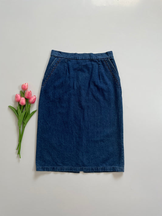 EMBROIDERED SAPPHIRE BLUE DENIM SKIRT - WAIST 28