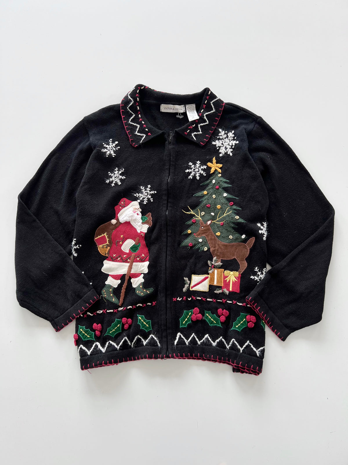 Victoria Jones Embroidered Christmas Zipper Sweater-Bust 52
